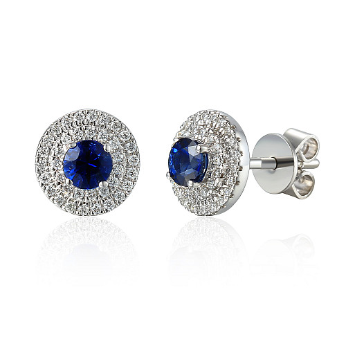 Round Brilliant Cut Blue Sapphire & Diamond Double Halo Earrings