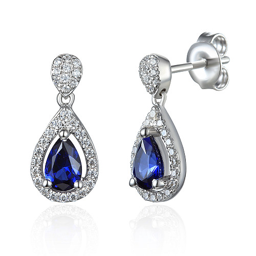 Pear Shape Blue Sapphire and Diamond Halo Drop Earrings
