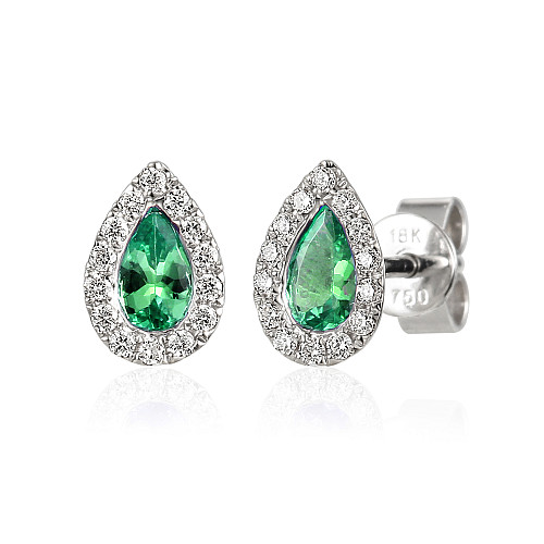 Rubover Set Pear Shape Cut Emerald & Round Brilliant Cut Diamond Halo Earrings