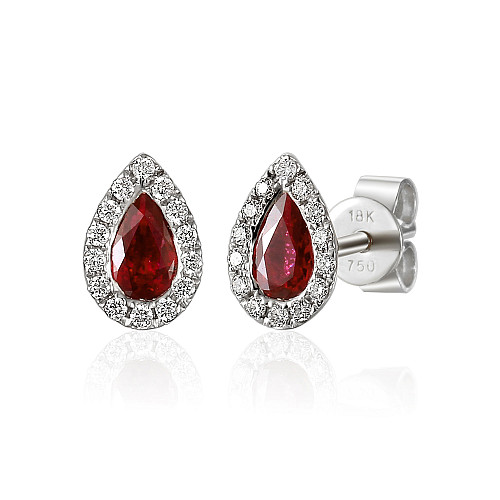 Rubover Set Pear Shape Cut Ruby & Round Brilliant Cut Diamond Halo Earrings