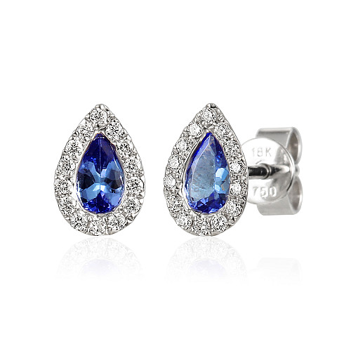 Rubover Set Pear Shape Cut Blue Sapphire & Round Brilliant Cut Diamond Halo Earrings
