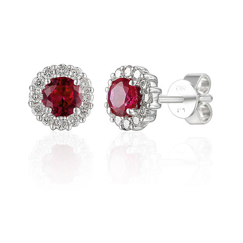 Claw Set Round Brilliant Cut Ruby & Micro Set Diamond Halo Earrings