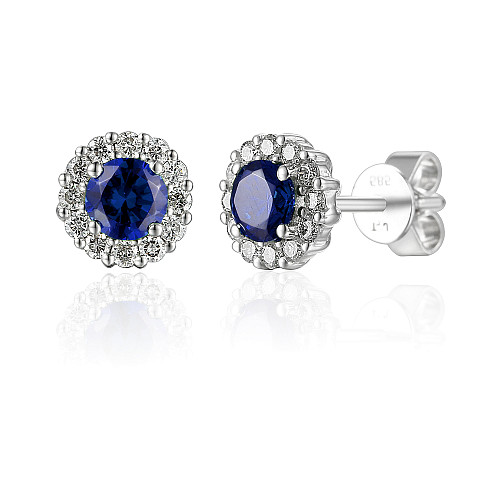 Claw Set Round Brilliant Cut Blue Sapphire & Pave Set Diamond Halo Earrings