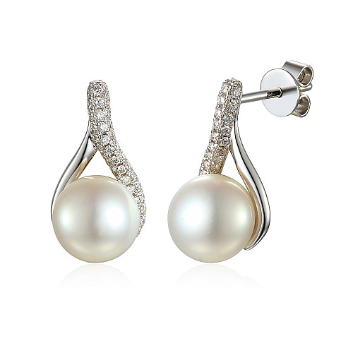 Pearl Drop With Round Brilliant Cut Claw Set Diamond Earrings