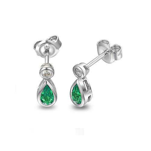 Rubover Set Pear Shape Cut Emerald & Round Brilliant Cut Diamond Drop Earrings