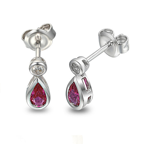 Rubover Set Pear Shape Cut Ruby & Round Brilliant Cut Diamond Drop Earrings