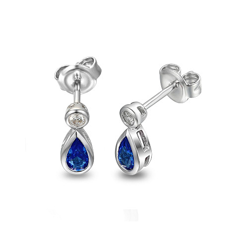 Rubover Set Pear Shape Cut Blue Sapphire & Round Brilliant Cut Diamond Drop Earrings
