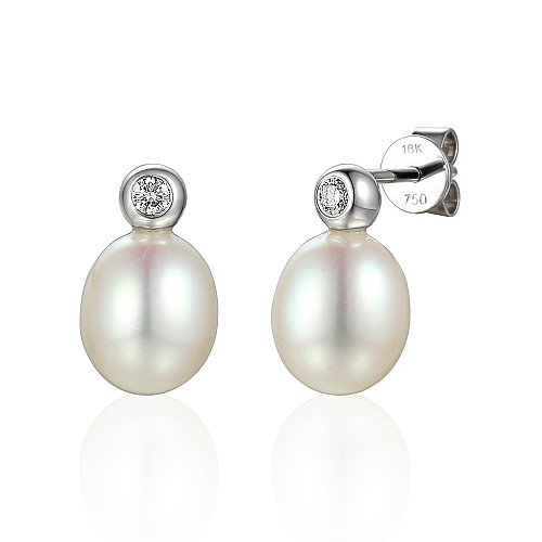 Rubover Set Round Brilliant Cut Diamond And Oval Pearl Earrings