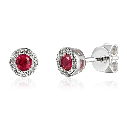 Rubover Set Round Brilliant Cut Ruby And Micro Set Diamond Halo Earrings