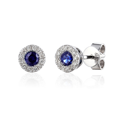 Rubover Set Round Brilliant Cut Blue Sapphire And Micro Set Diamond Halo Earrings