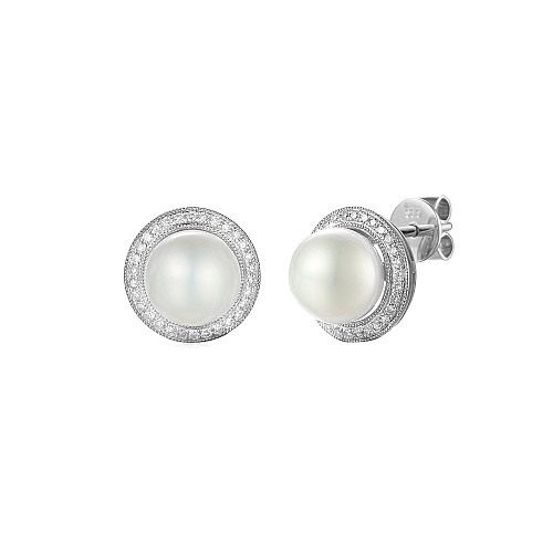 Claw Set Round Pearl With Micro Set Round Brilliant Cut Diamond Halo Earrings