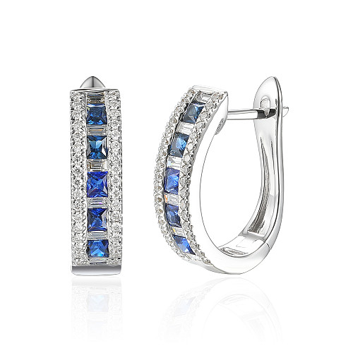 Channel Set Princess Cut Sapphire & Baguette Diamond Statement Hoop Earrings