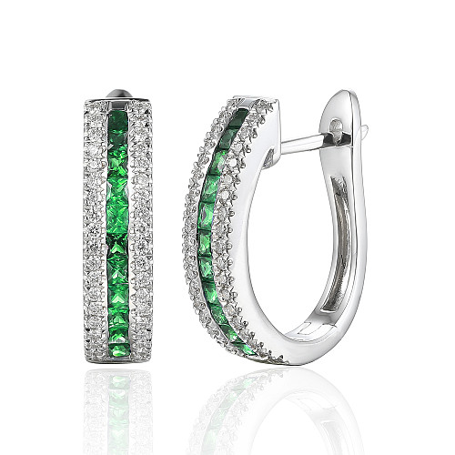 Micro & Channel Set Princess Cut Emerald & Round Diamond Hoop Earrings