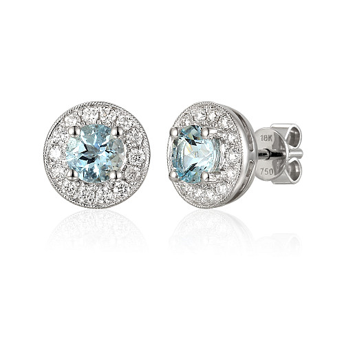 Round Cut Aqua and Round Brilliant Cut Diamond Claw Set Millgrain Setting Halo Earrings