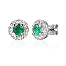 Round Cut Emerald and Round Brilliant Cut Diamond Claw Set Millgrain Setting Halo Earrings