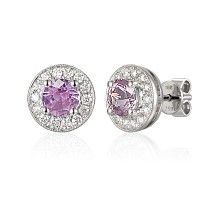 Round Cut Pink Sapphire and Round Brilliant Cut Diamond Claw Set Millgrain Setting Halo Earrings
