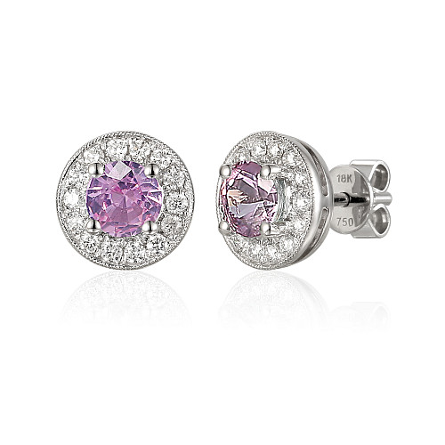 Round Cut Pink Sapphire and Round Brilliant Cut Diamond Claw Set Millgrain Setting Halo Earrings