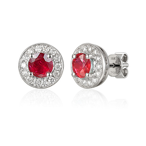 Round Cut Ruby and Round Brilliant Cut Diamond Claw Set Millgrain Setting Halo Earrings