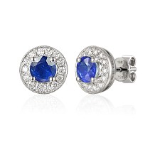 Round Cut Blue Sapphire and Round Brilliant Cut Diamond Claw Set Millgrain Setting Halo Earrings