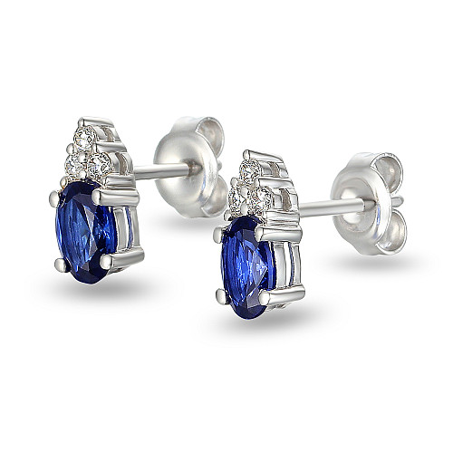 Claw Set Oval Cut Blue Sapphire And Diamond Trefoil Earrings