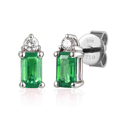 Claw Set Emerald Cut Emerald And Diamond Stud Earrings