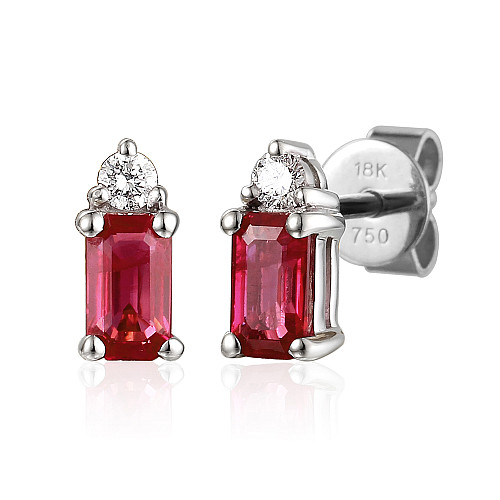 Claw Set Emerald Cut Ruby And Diamond Stud Earrings