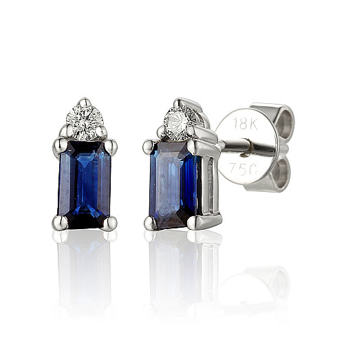 Claw Set Emerald Cut Blue Sapphire And Diamond Stud Earrings