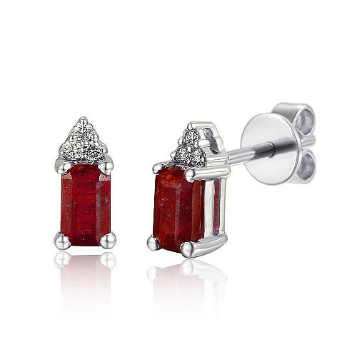 Claw Set Emerald Cut Ruby With Round Brilliant Cut Diamond Trefoil Earrings