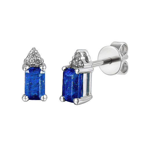Claw Set Emerald Cut Blue Sapphire With Round Brilliant Cut Diamond Trefoil Earrings