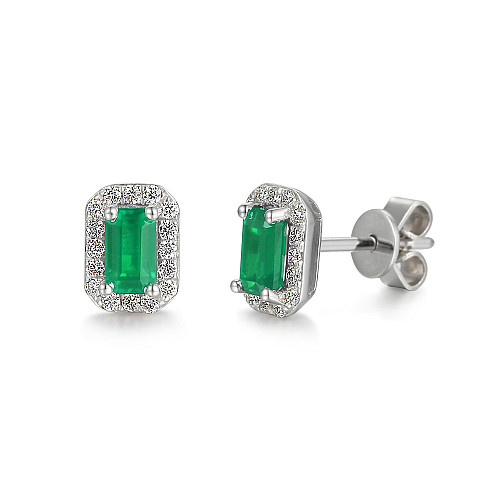 Claw Set Emerald Cut Emerald With Round Brilliant Cut Diamond Halo Earrings