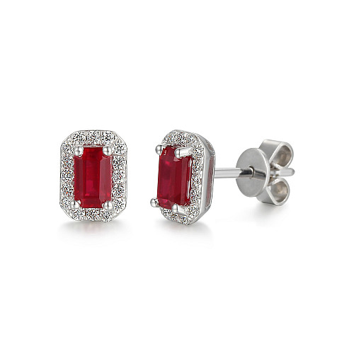 Claw Set Emerald Cut Ruby With Round Brilliant Cut Diamond Halo Earrings