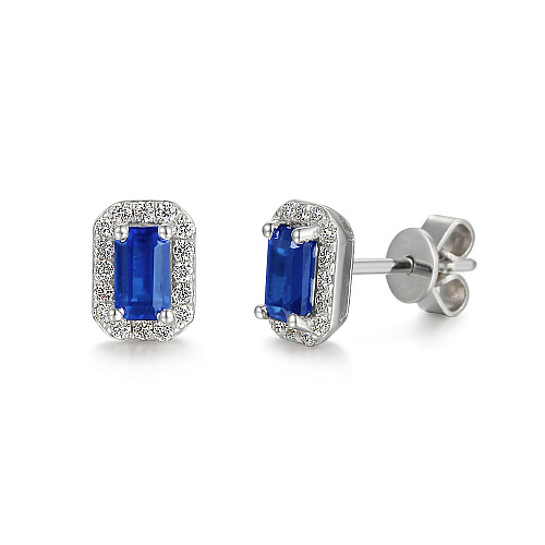 Claw Set Emerald Cut Blue Sapphire With Round Brilliant Cut Diamond Halo Earrings