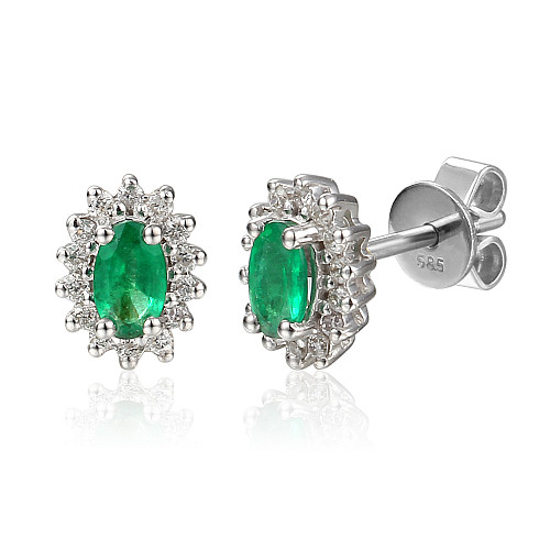 Claw Set Oval Cut Emerald And Diamond Cluster Earrings