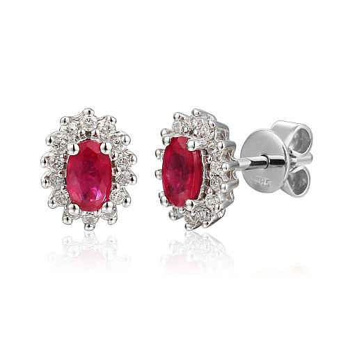 Claw Set Oval Cut Ruby And Diamond Cluster Earrings