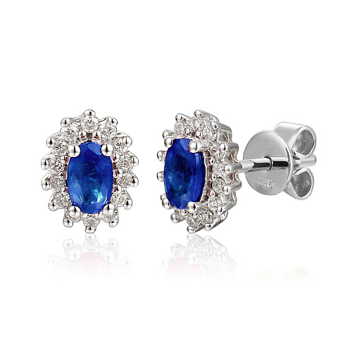 Claw Set Oval Cut Blue Sapphire And Diamond Cluster Earrings