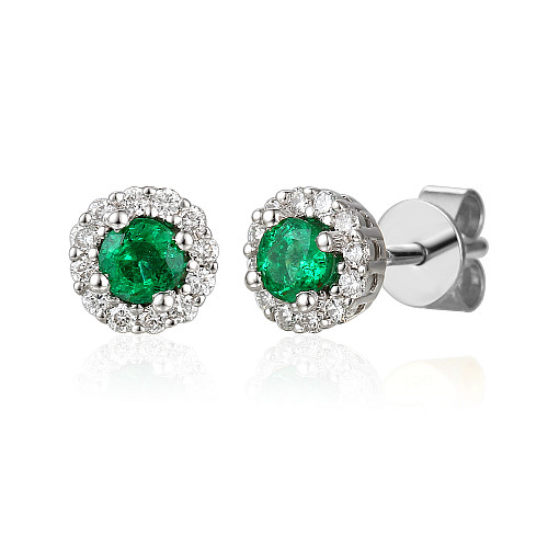 Claw & Micro Set Round Emerald & Diamond Halo Stud Earrings