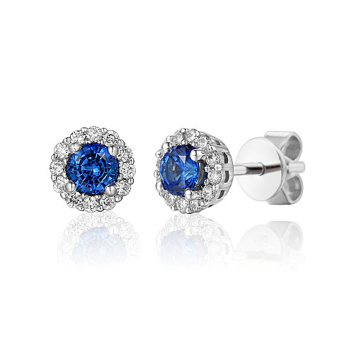 Claw & Micro Set Round Sapphire & Diamond Halo Stud Earrings