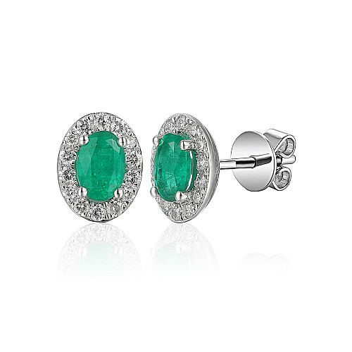 Claw Set Oval Cut Emerald & Micro Set Round Diamond Halo Earring