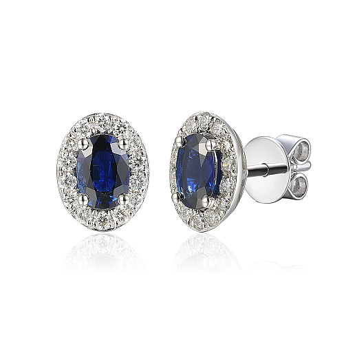 Claw Set Oval Cut Sapphire & Micro Set Round Diamond Halo Earring