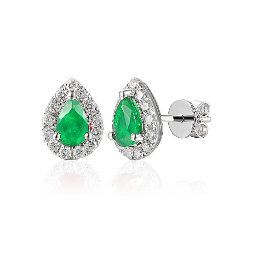 Claw Set Pear Shape Emerald & Round Diamond Halo Stud Earrings