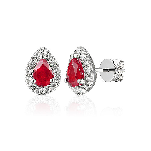 Claw Set Pear Shape Ruby & Round Diamond Halo Stud Earrings