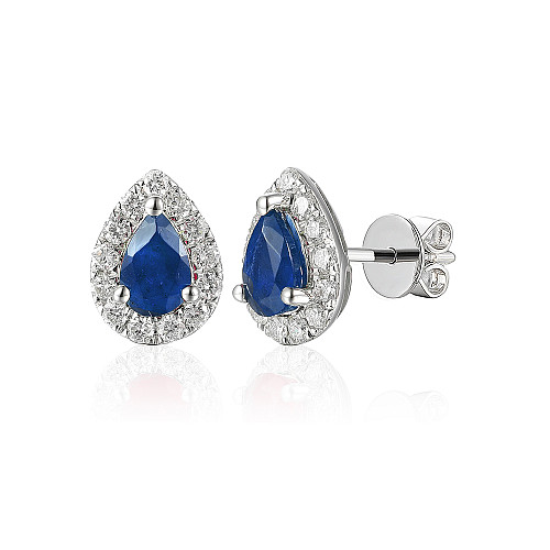 Claw Set Pear Shape Sapphire & Round Diamond Halo Stud Earrings