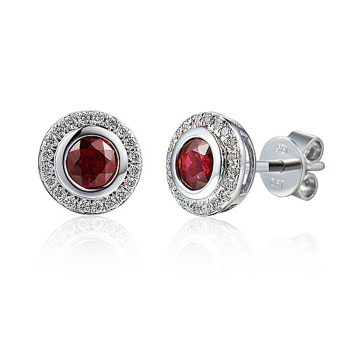 Rubover Set Round Brilliant Cut Ruby And Diamond Halo Earrings