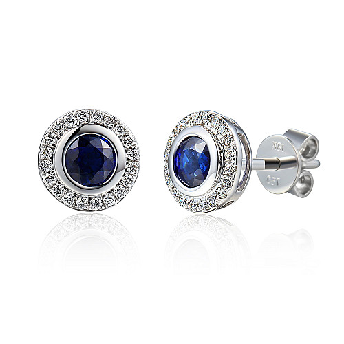 Rubover Set Round Brilliant Cut Blue Sapphire And Diamond Halo Earrings