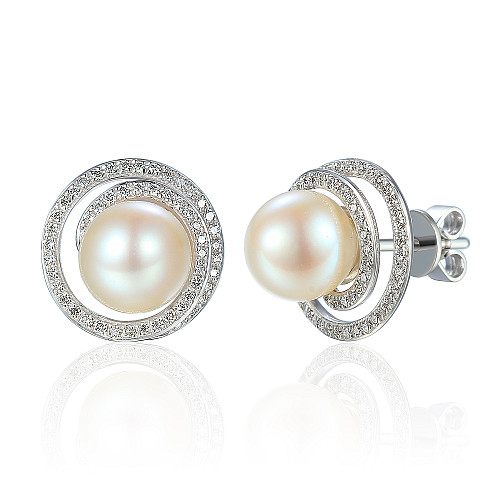 Claw Set Round Pearl With Micro Set Round Brilliant Cut Diamond Halo Earrings