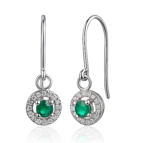 Claw & Micro Set Round Emerald & Diamond Halo Drop Earrings