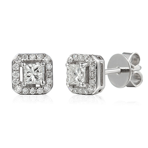 Princess Cut Diamond Claw Set With Round Brilliant Cut Diamond Micro Set Halo Earrings