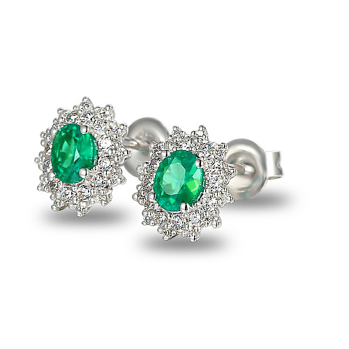 Claw Set Oval Cut Emerald And Round Brilliant Cut Diamond Cluster Earrings