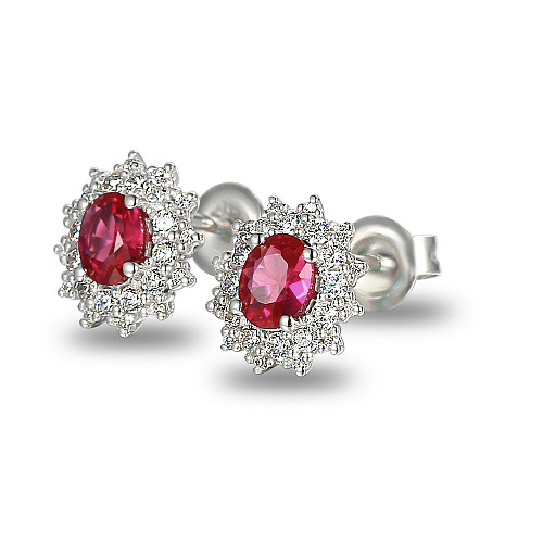Claw Set Oval Cut Ruby And Round Brilliant Cut Diamond Cluster Earrings