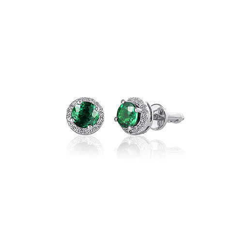 Claw Set Round Brilliant Cut Emerald & Micro Set Diamond Halo Earrings